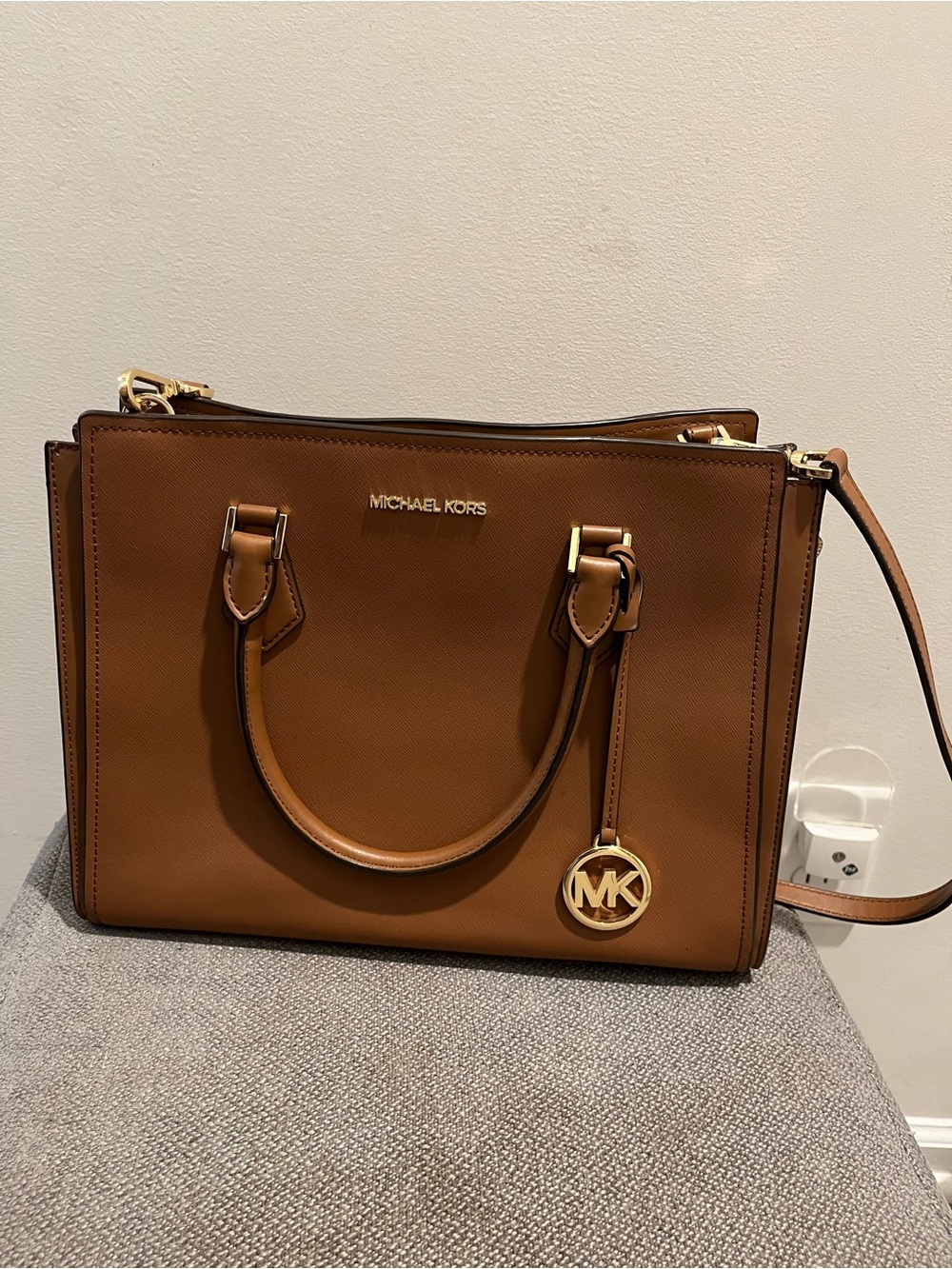 MICHAEL KORS Saffiano Leather Satchel in Luggage Brown with Gold Hardware